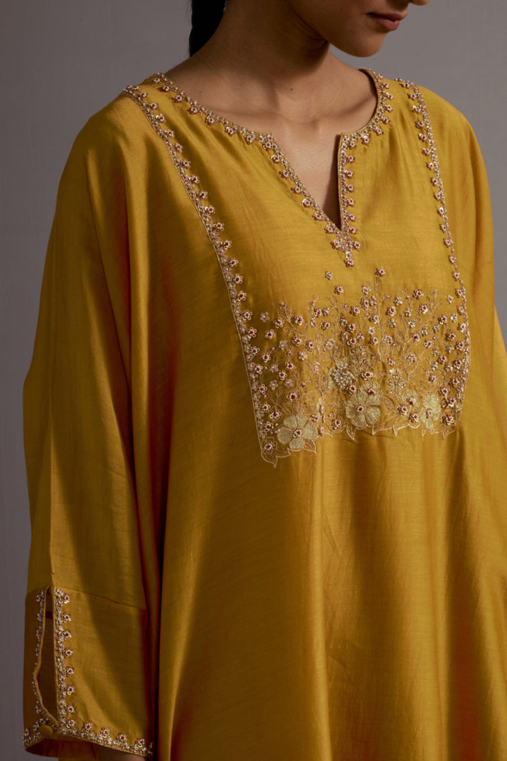 Mustard Yellow Hand Embroidered Kaftan With Pants