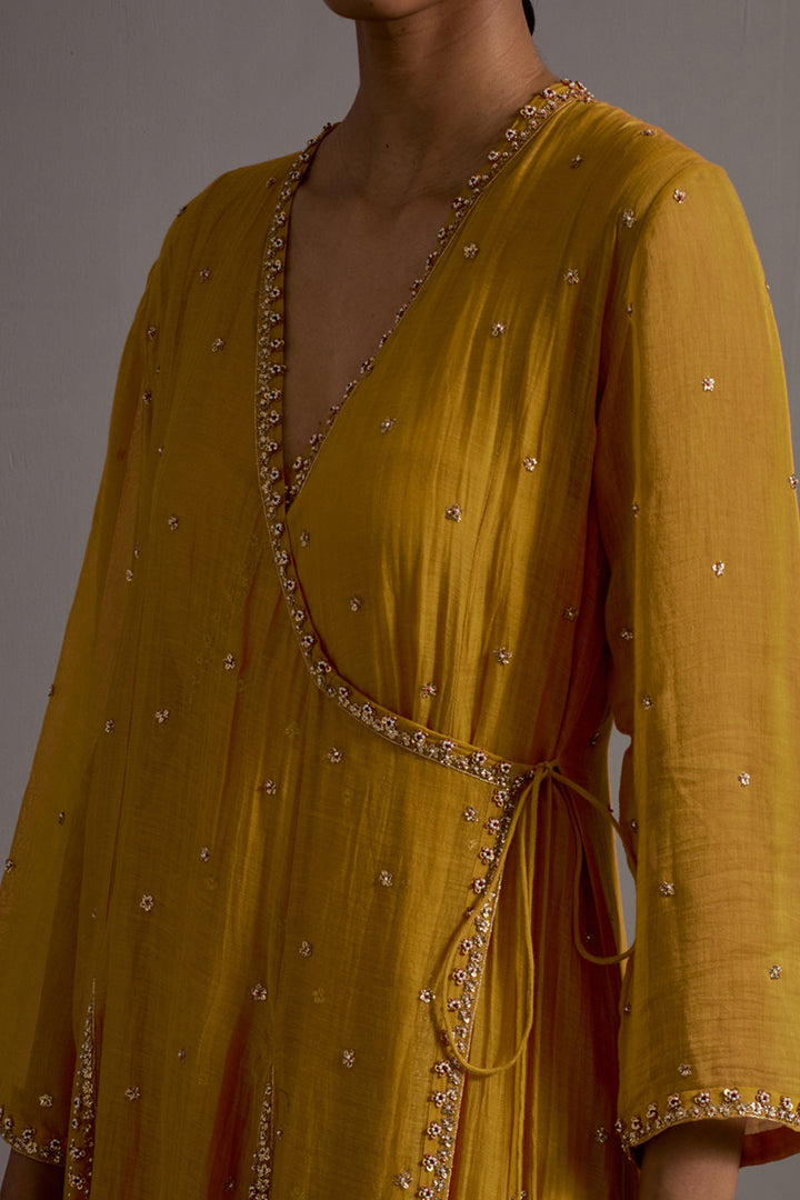Mustard Yellow Hand Embroidered Kalli Angrakha Set