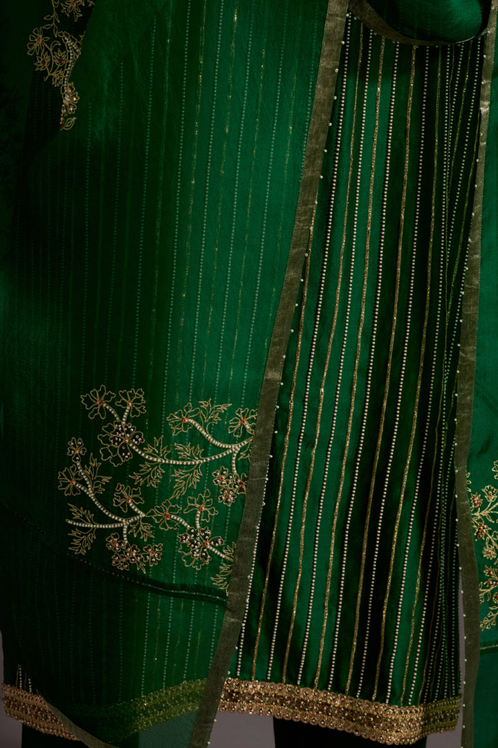 Green Stripes Hand Embroidered Straight Kurta Set