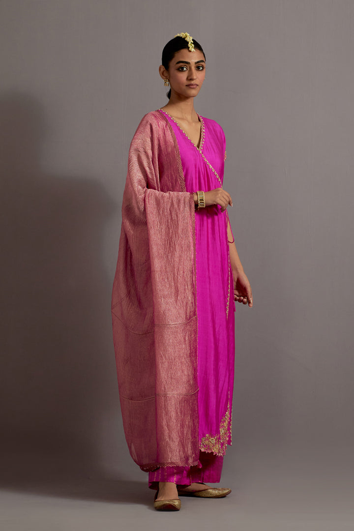 Fuchsia Pink Guccha Embroidered Straight Angrakha Set