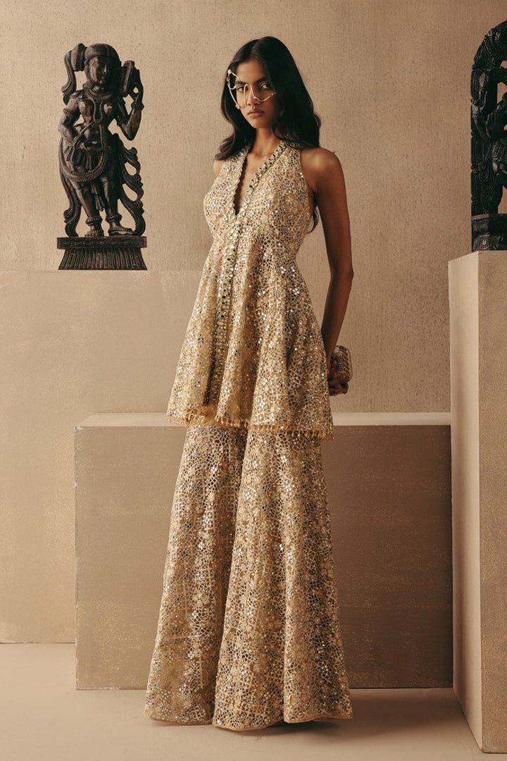 MIRRORWORK AND ZARI FLORAL LACEWORK SHARARAS