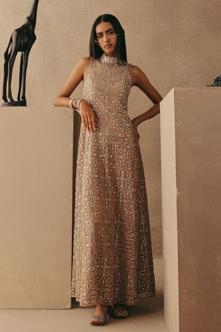 MIRRORWORK HI NECK LONG BACKLESS DRESS