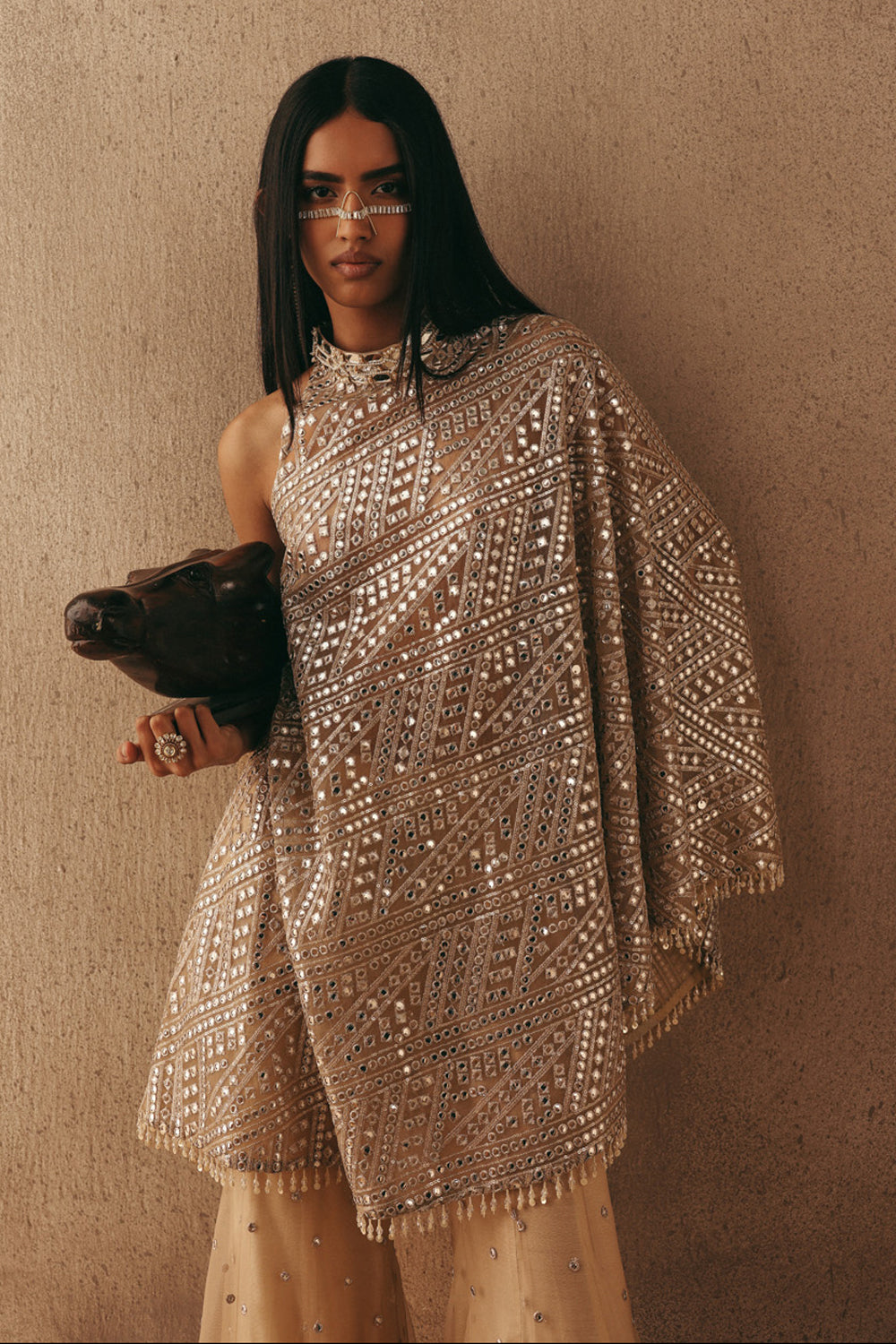 MIRRORWORK BAND COLLAR ONE SHOULDER DRESS TOP