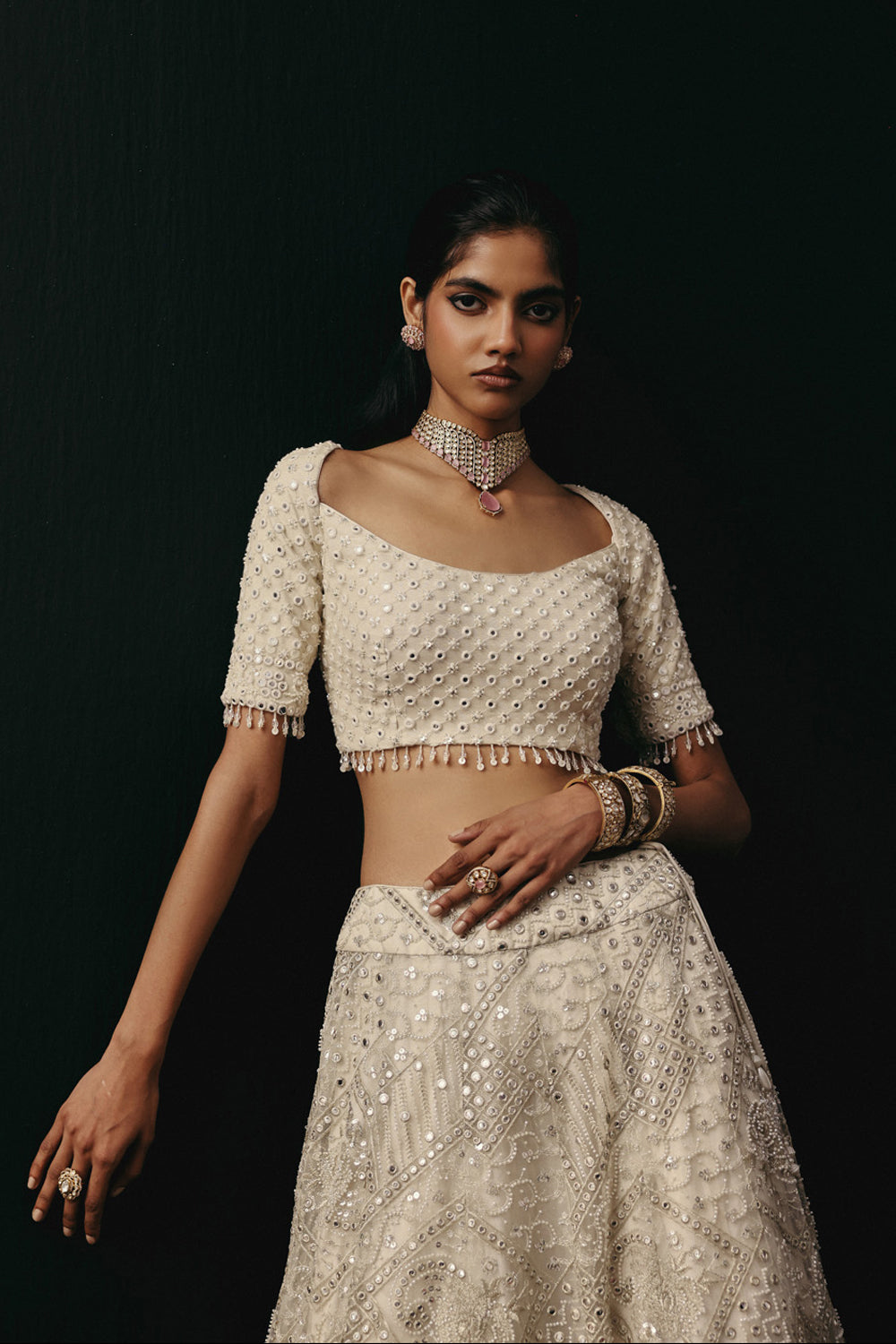 IVORY MIRRORWORK LEHENGA SET