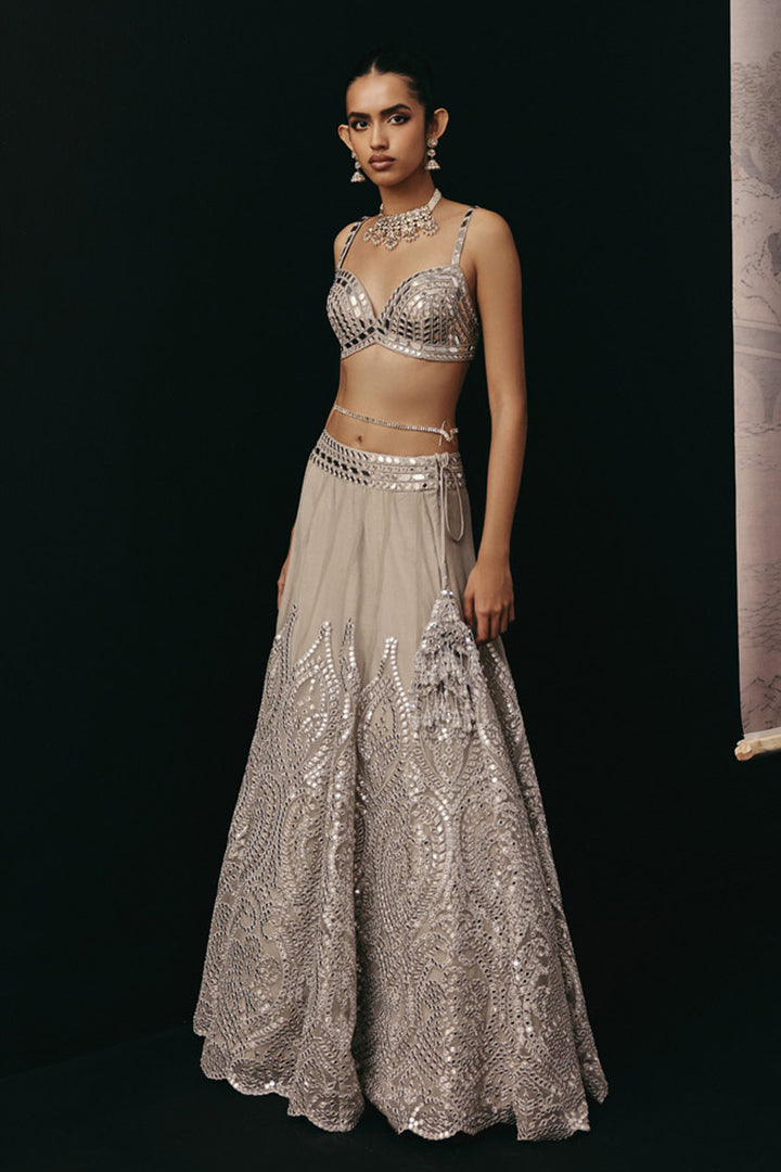 SILVER ZARI MIRRORWORK LEHENGA SET