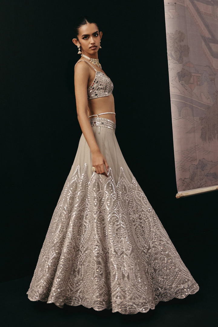 SILVER ZARI MIRRORWORK LEHENGA SET