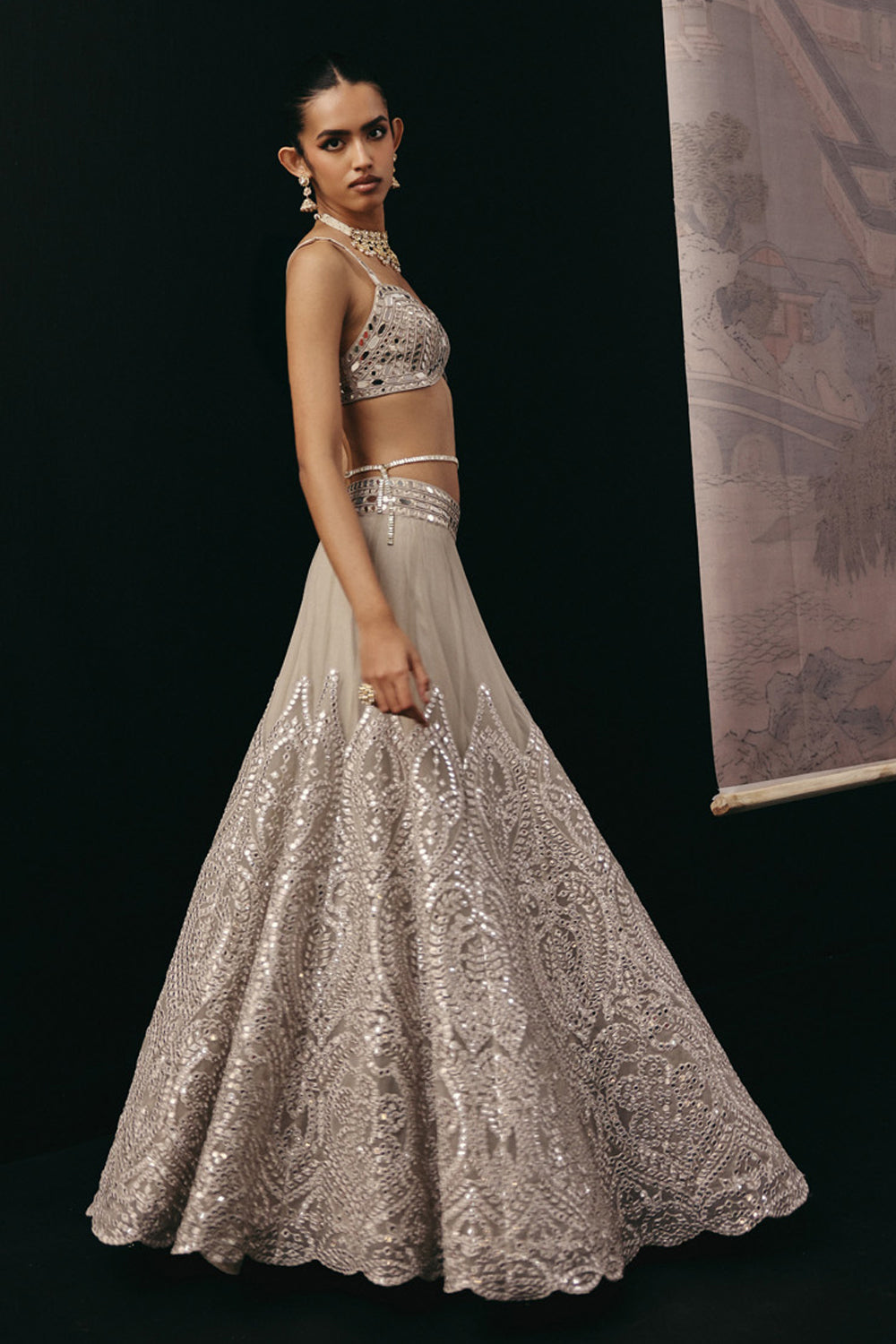 SILVER ZARI MIRRORWORK LEHENGA SET