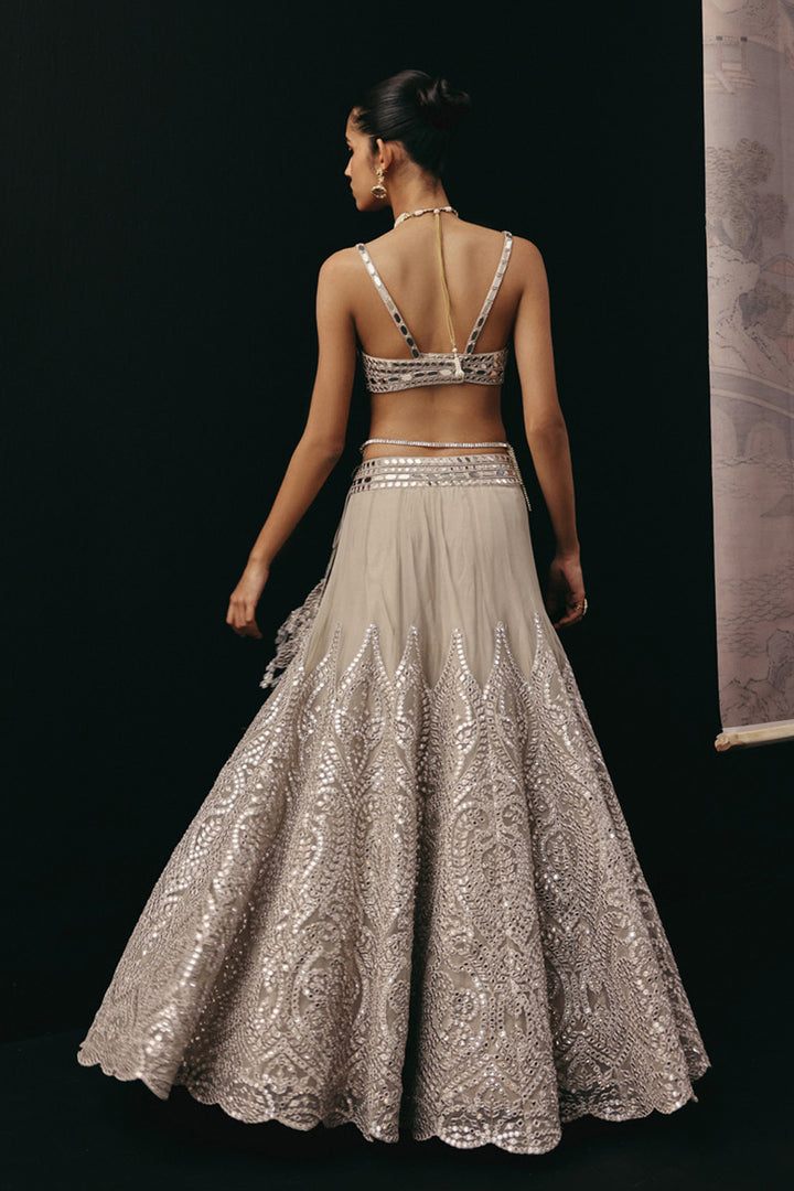 SILVER ZARI MIRRORWORK LEHENGA SET
