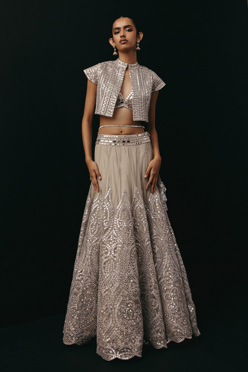 SILVER ZARI MIRRORWORK LEHENGA SET