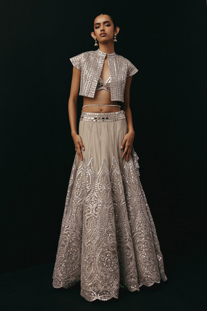 SILVER ZARI MIRRORWORK LEHENGA SET