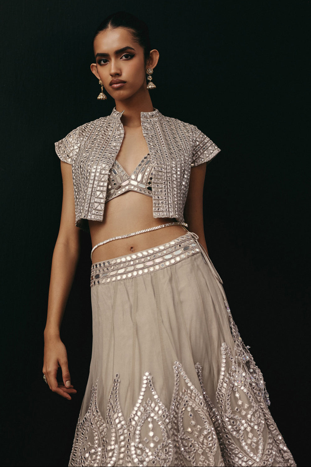 SILVER ZARI MIRRORWORK LEHENGA SET
