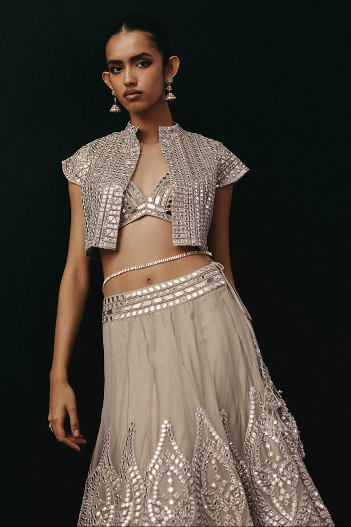 SILVER ZARI MIRRORWORK LEHENGA SET