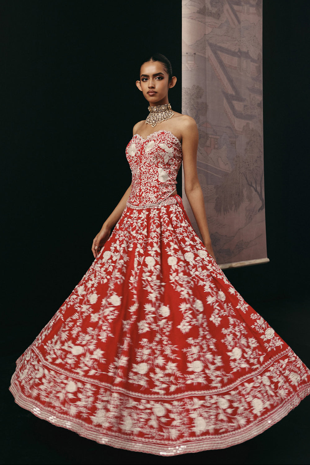 RED PARSI GAARA LEHENGA SET
