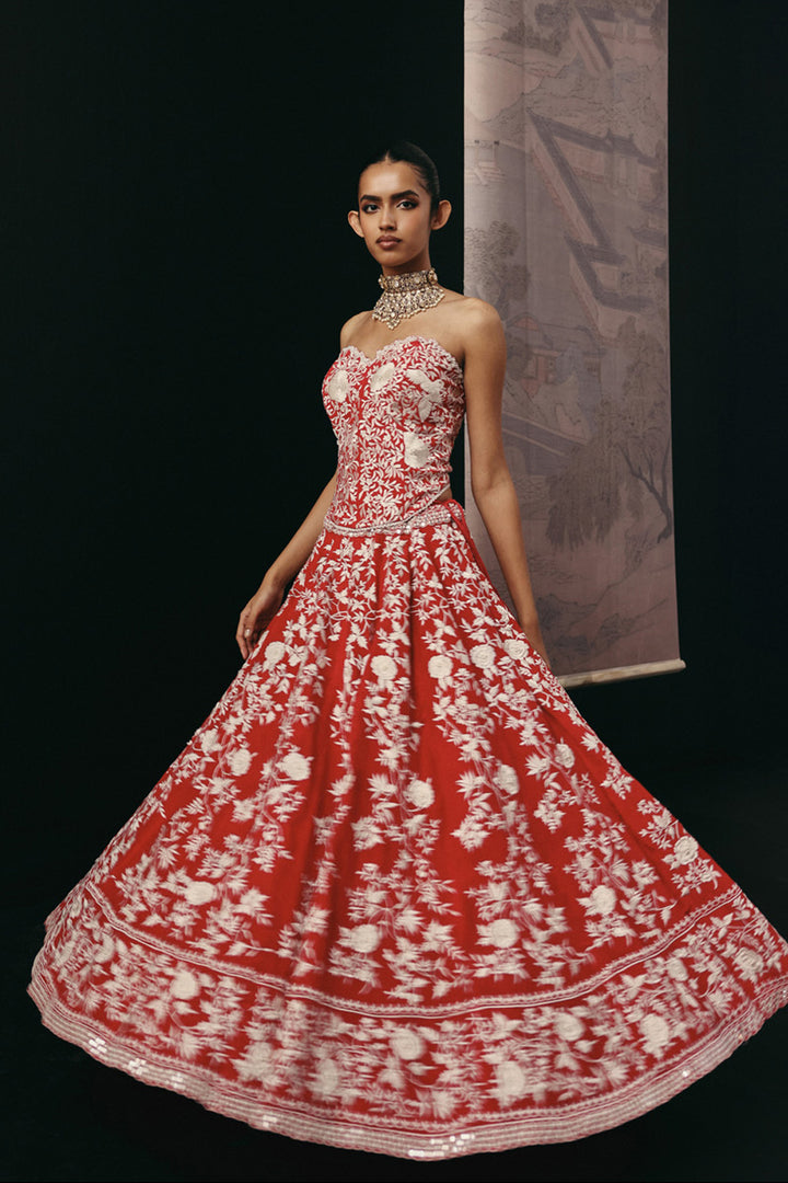 RED PARSI GAARA LEHENGA SET