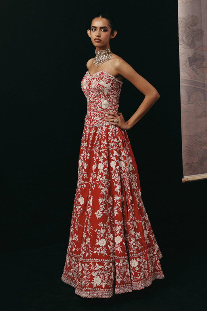 RED PARSI GAARA LEHENGA SET