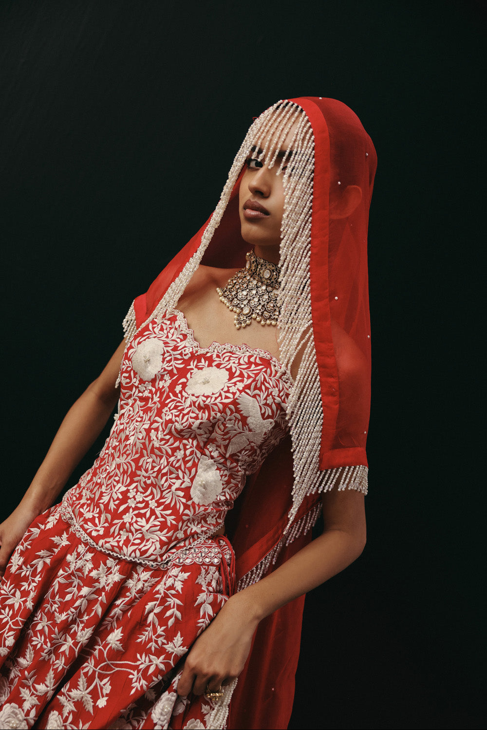 RED PARSI GAARA LEHENGA SET