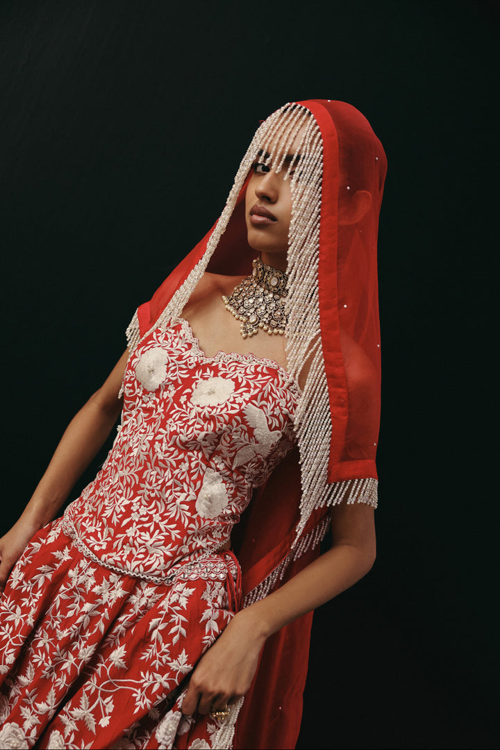 RED PARSI GAARA LEHENGA SET