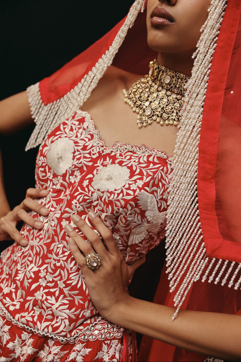 RED PARSI GAARA LEHENGA SET