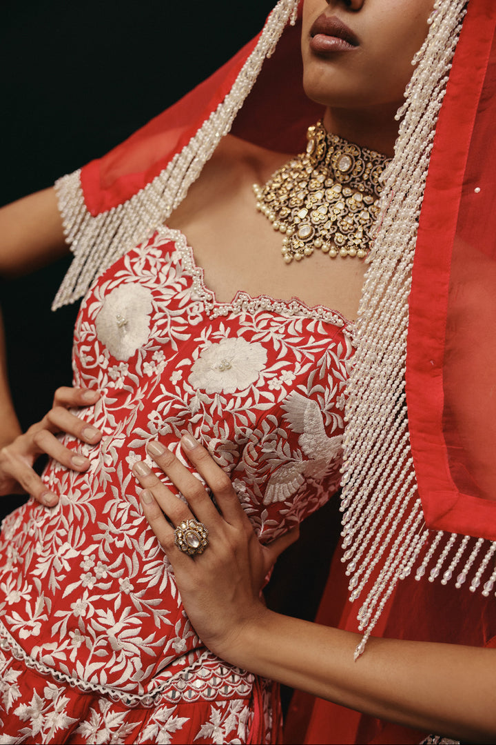 RED PARSI GAARA LEHENGA SET