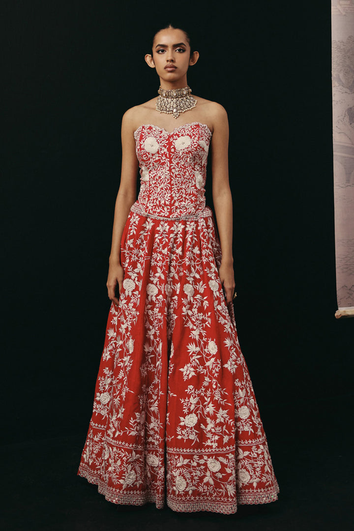 RED PARSI GAARA LEHENGA SET