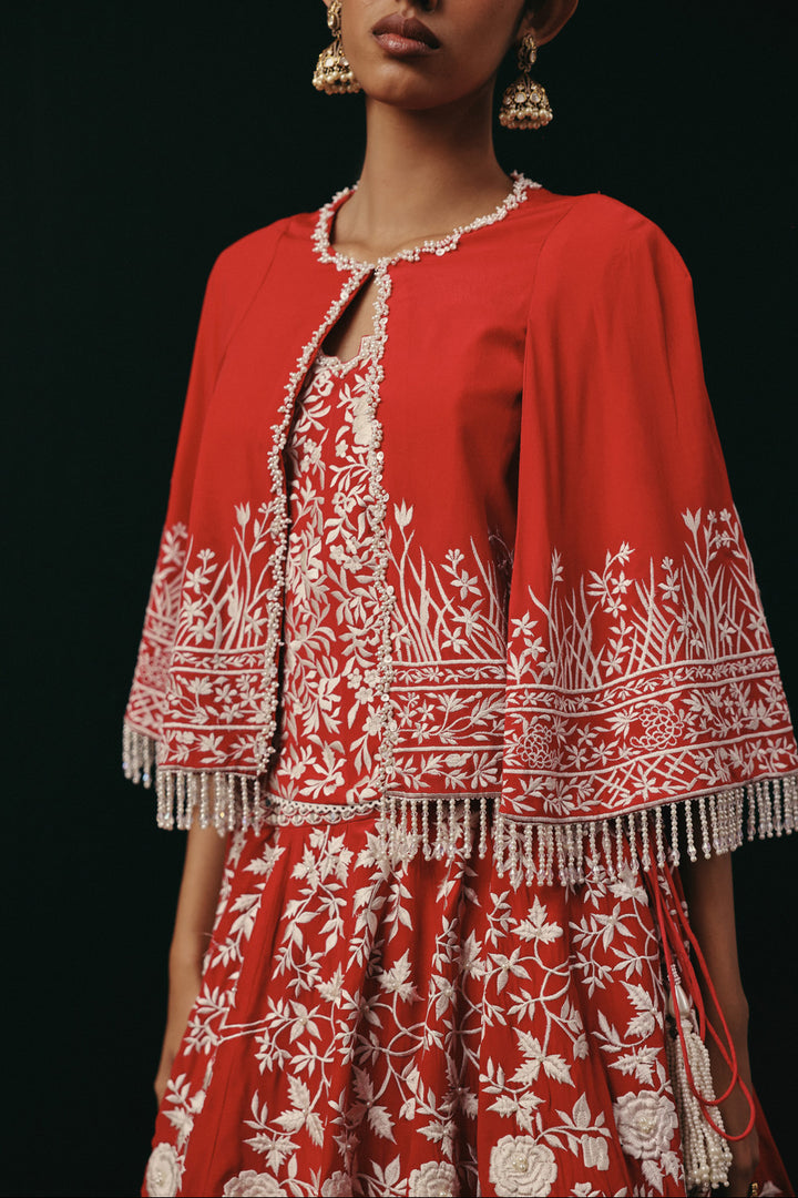 RED PARSI GAARA LEHENGA SET