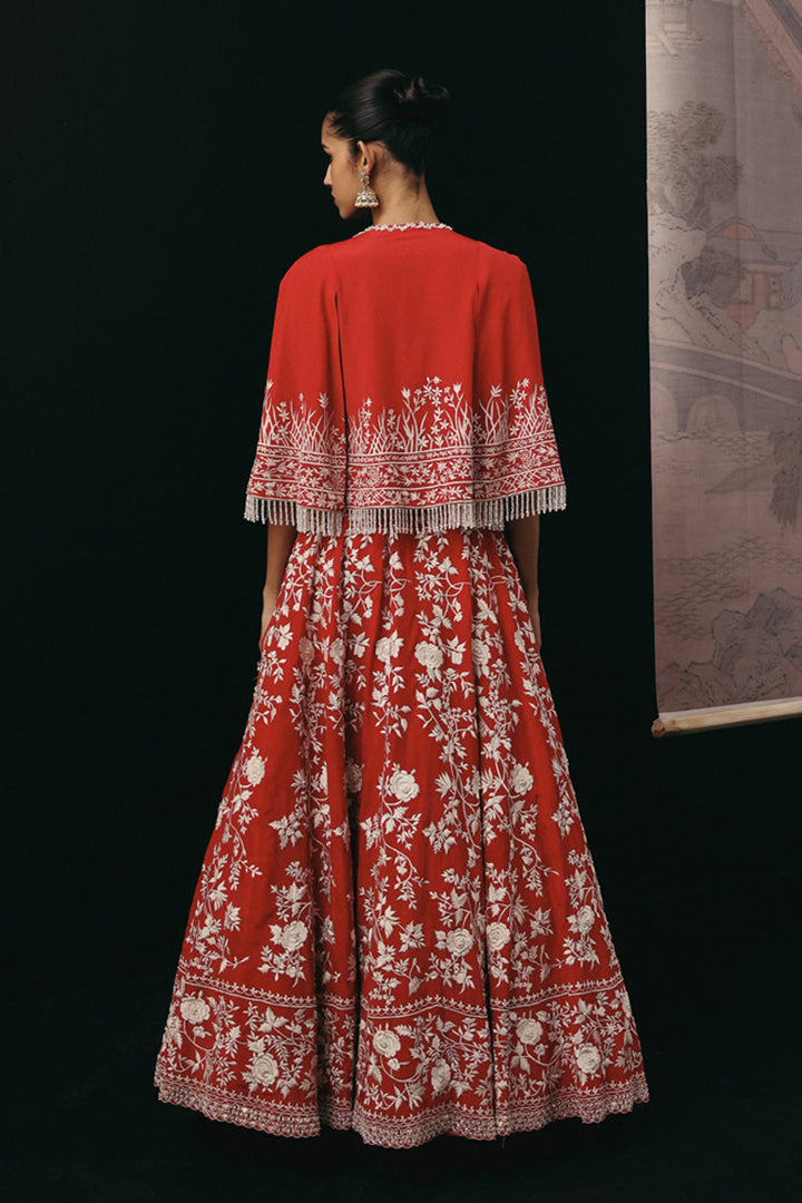 RED PARSI GAARA LEHENGA SET