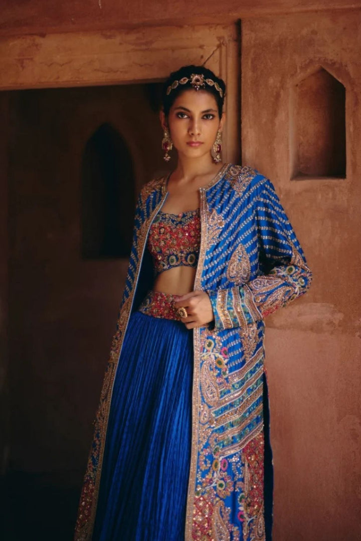 Gulrez Embroidered Jacket With Bustier & Crushed Skirt