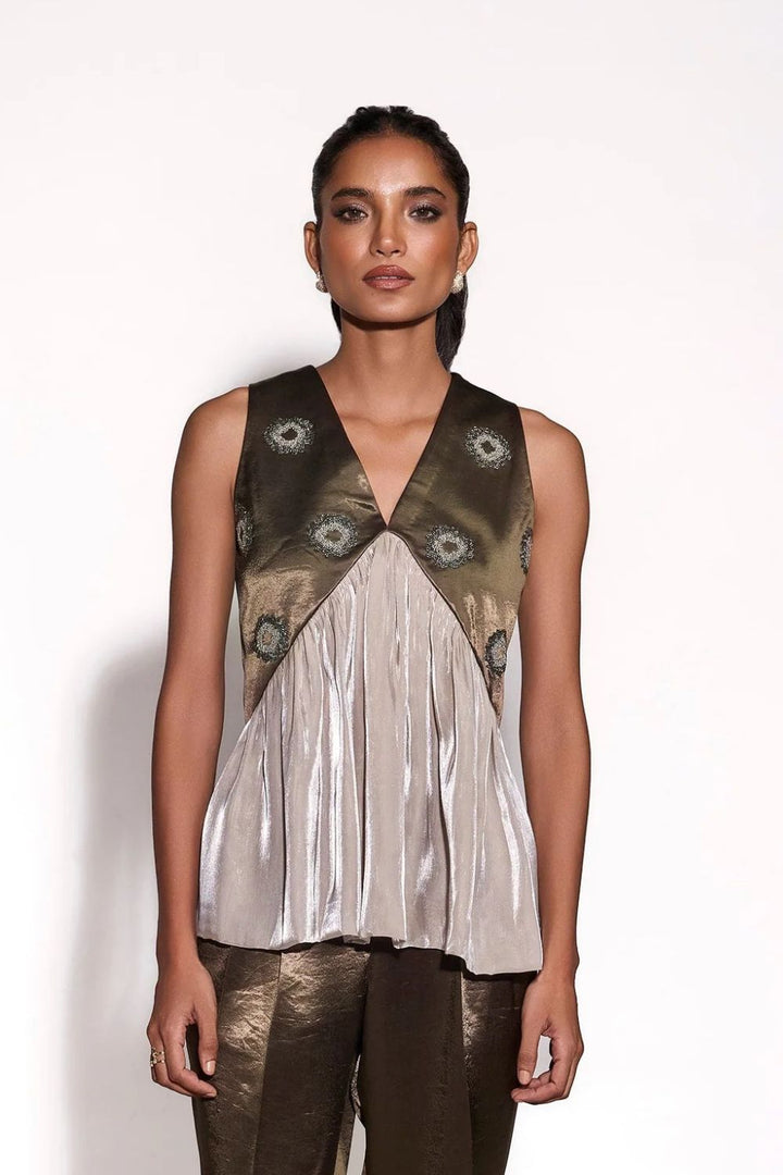 Dusky Olive Satin And Glass Organza Embroidered Top