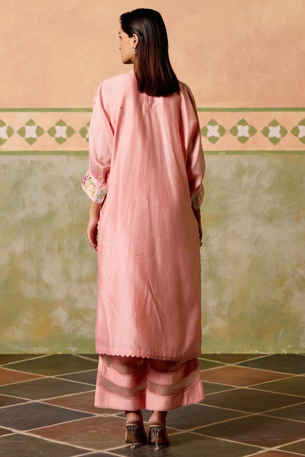 Rose pink threadwork and beadwork tunic with sheer detail pants