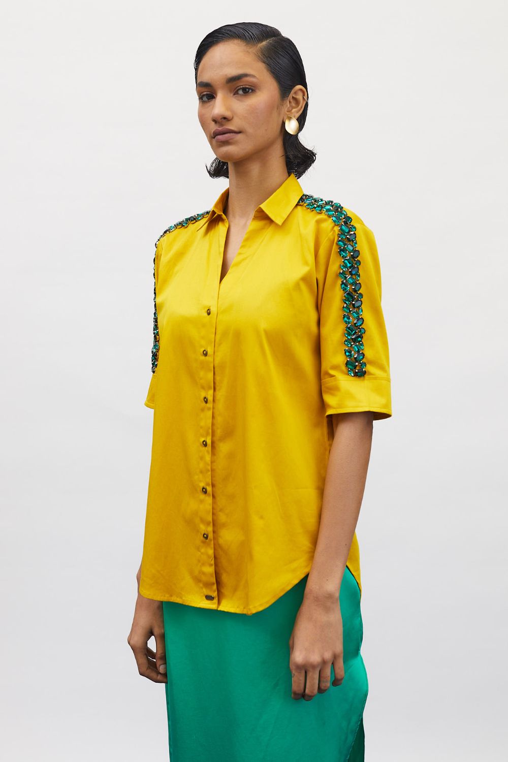 Canary Yellow Emerald Swarovski Ribbon Shirt