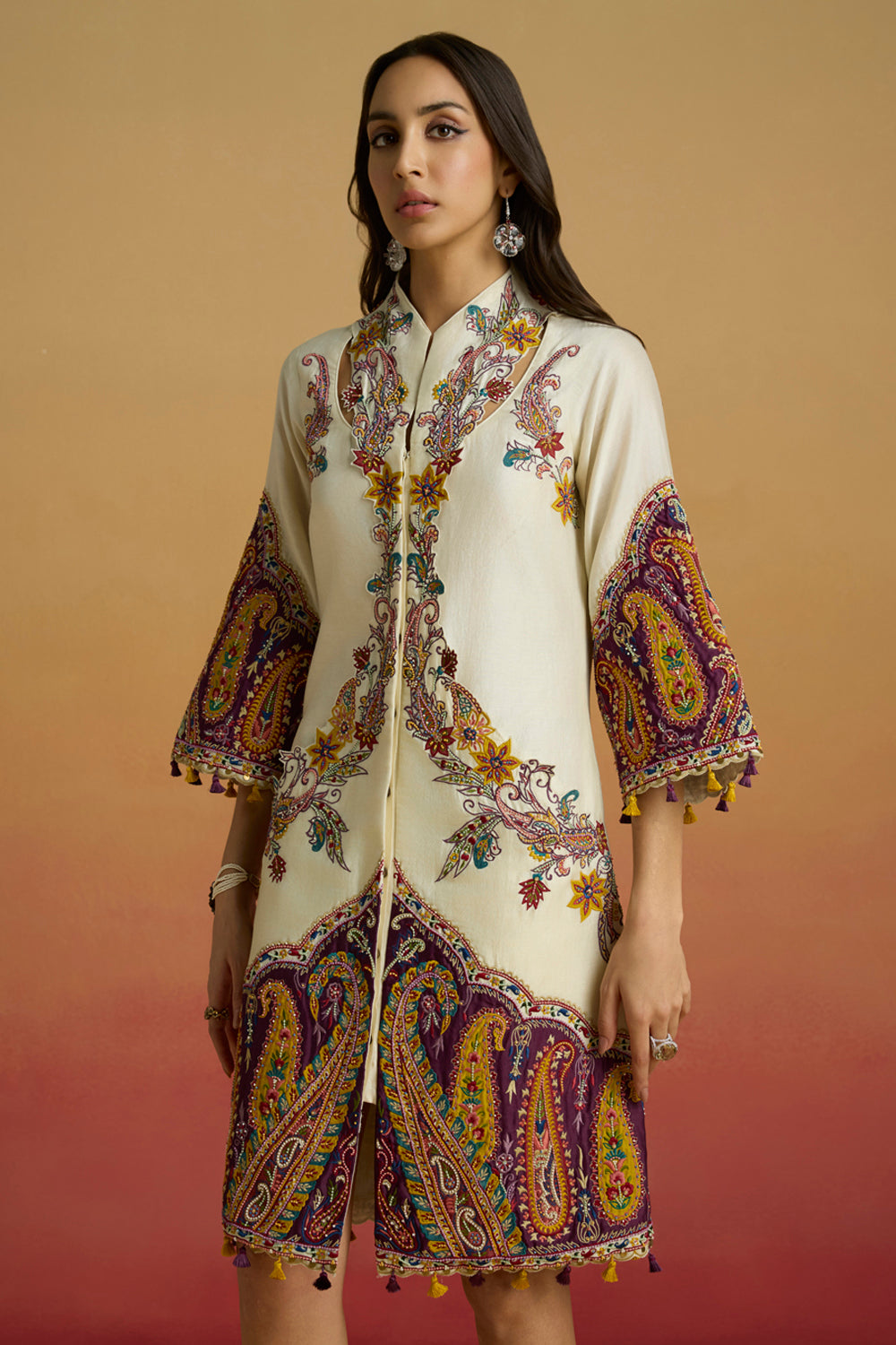 Ivory and Plum Colourblock Paisley Dress