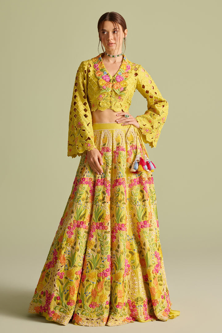 Yellow Multicolored Floral Embroidered Lehenga