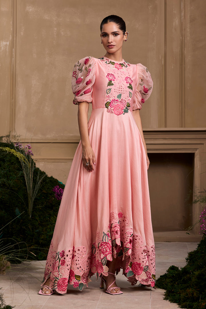 Rose Pink Embroidered Flounce Dress