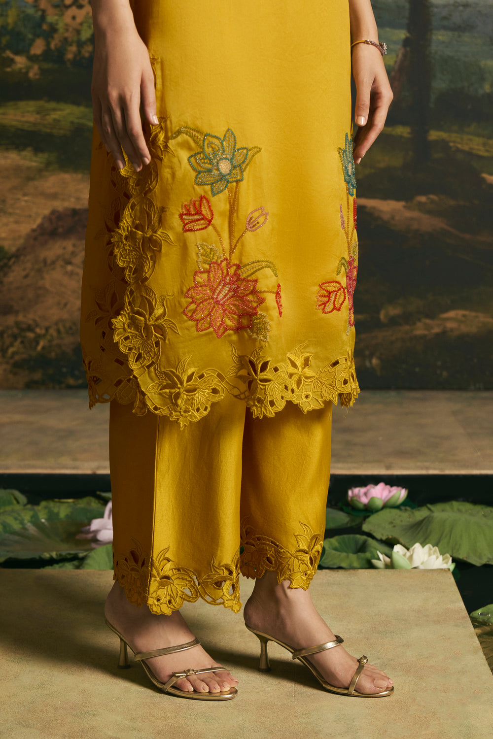 Amber Yellow Blossom Kimono Kurta With Pants