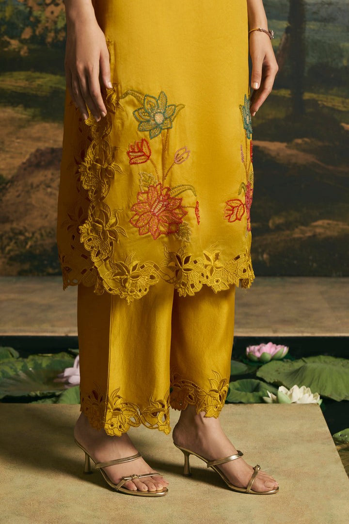 Amber Yellow Blossom Kimono Kurta With Pants