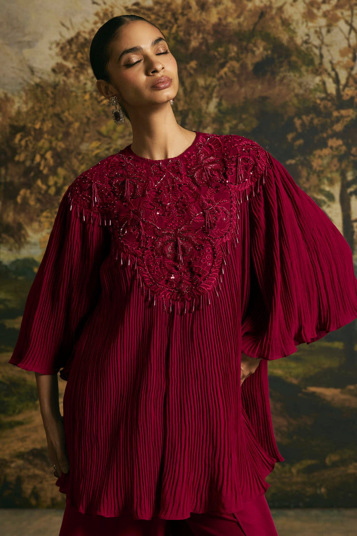 Cherry Red Cutwork Textured Tunic With Tulip Pants