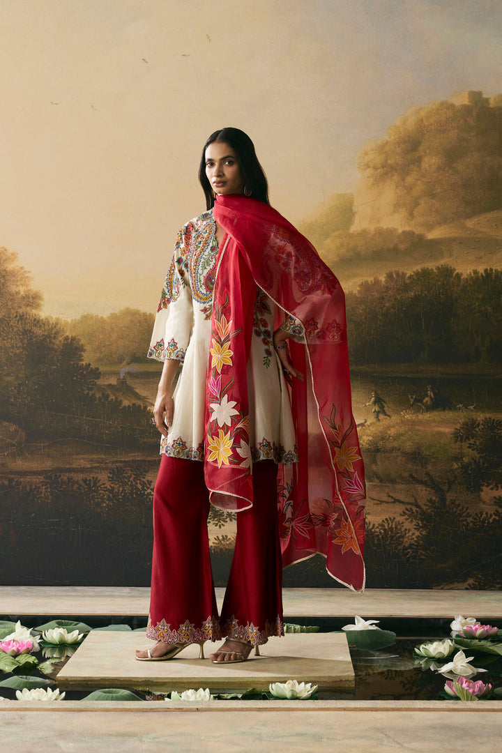 Ivory Contrast Paisley Flared Short Kurta With Bell Bottom Pants