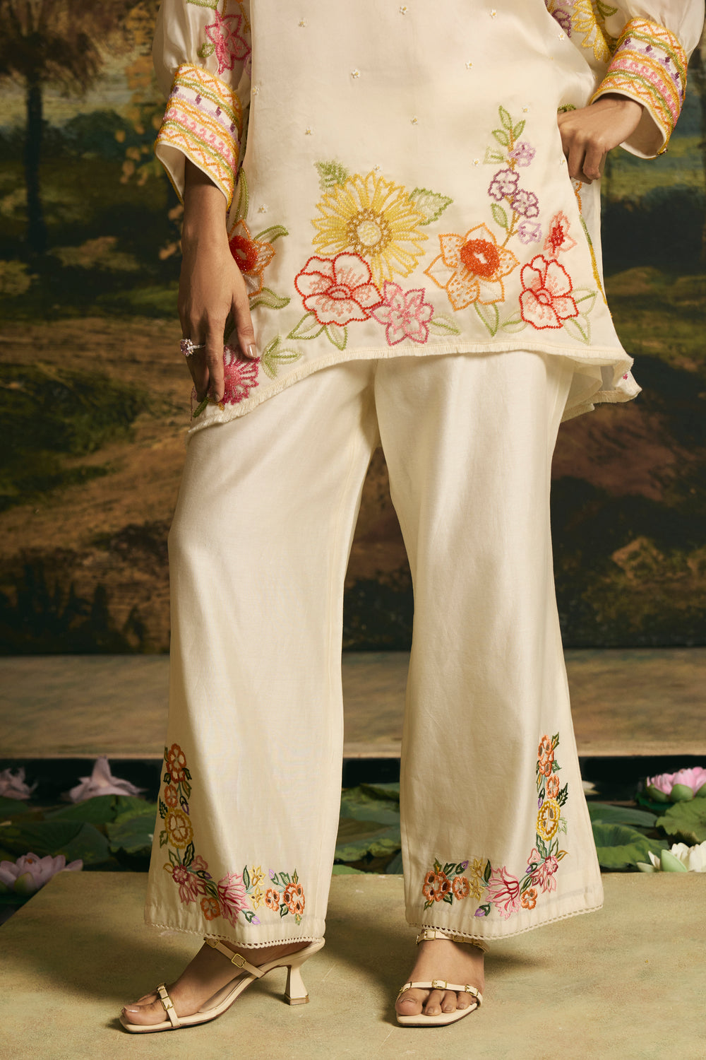 Ivory Floral Blossom Tunic With Cutwork Pants