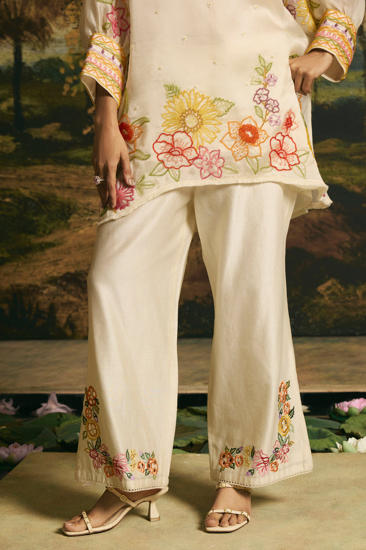 Ivory Floral Blossom Tunic With Cutwork Pants