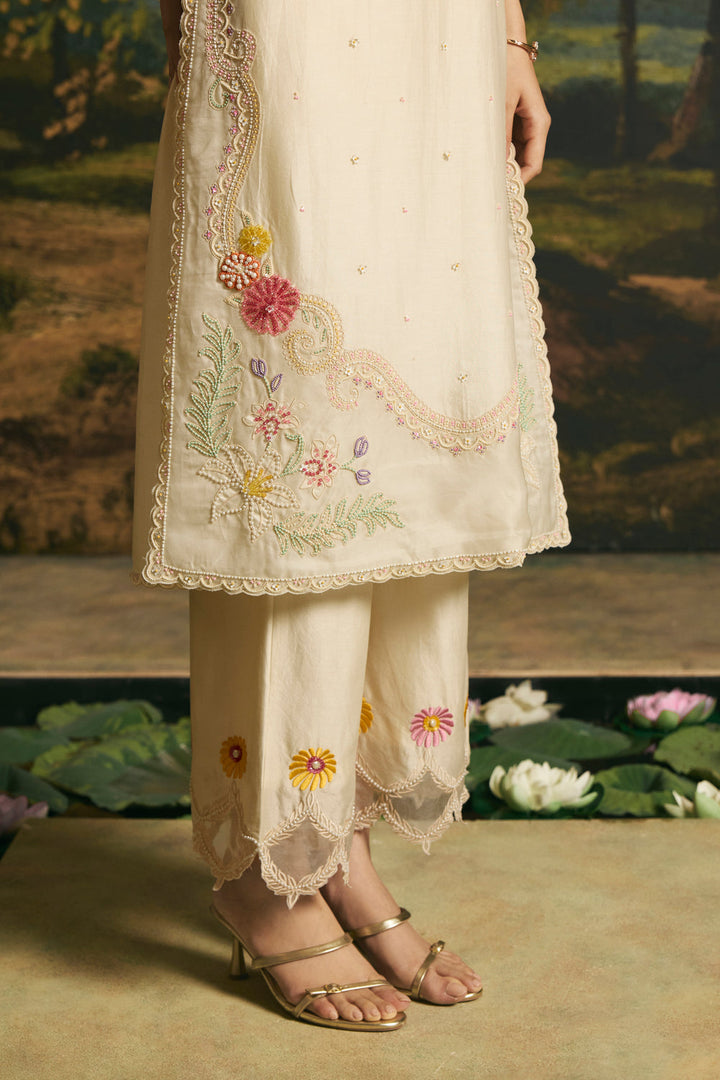 Ivory Beadwork Panelled Kurta With Pants