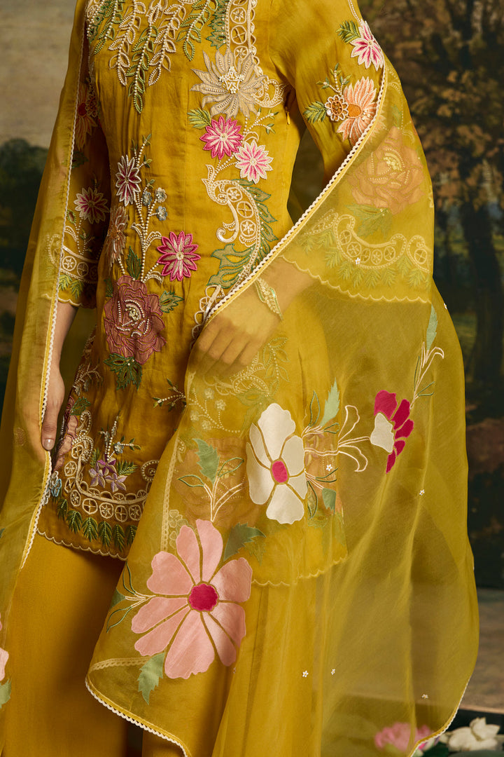 Amber Yellow Floral Applique Dupatta