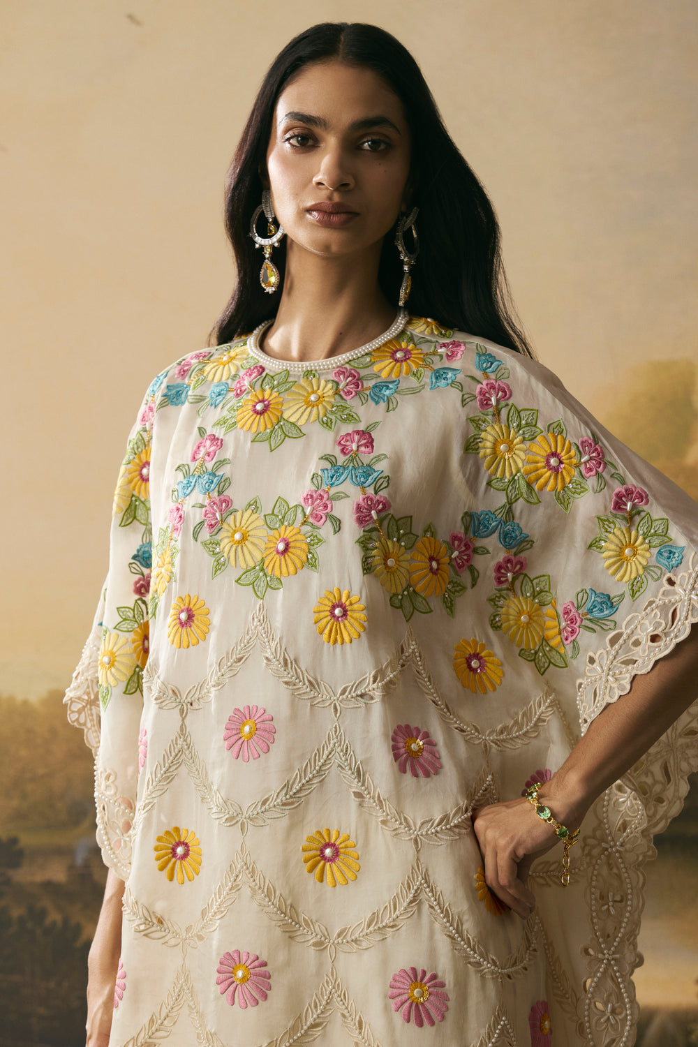 Ivory Floral Scallop Detail Kaftan