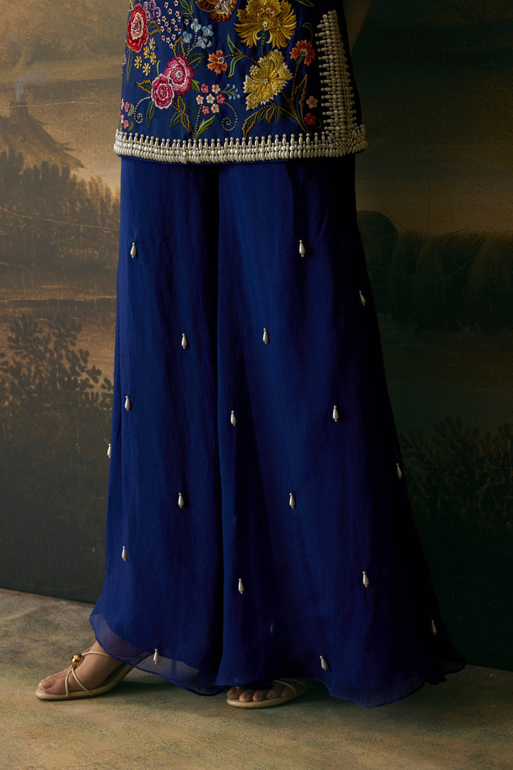 Cobalt Blue Floral Bloom Short Kurta With Sharara