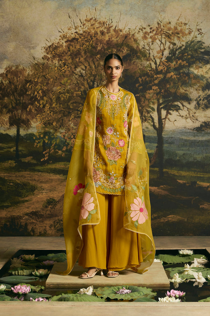 Amber Yellow Floral Medley Short Kurta With Sharara