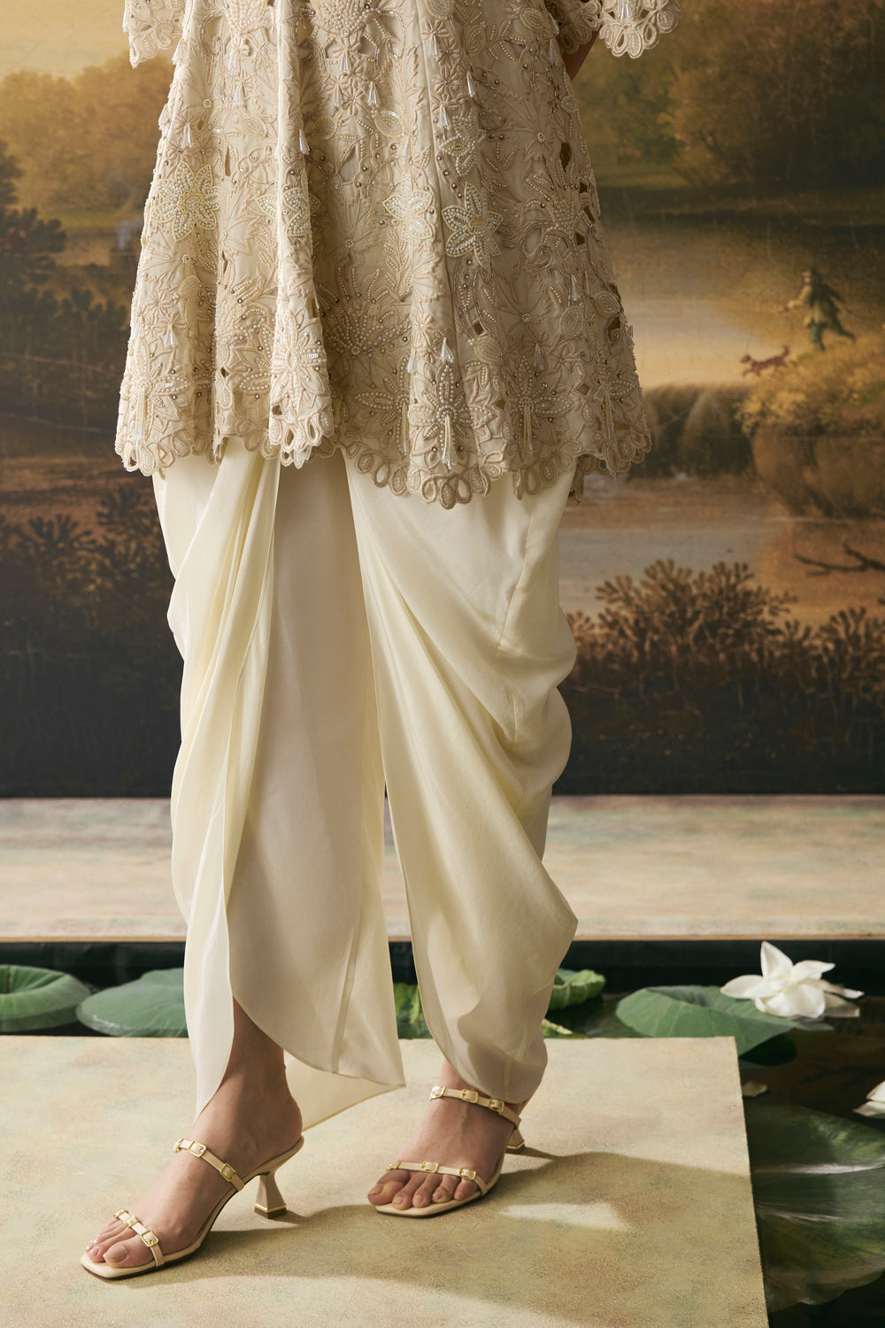 Ivory Cutwork Short Flared Kurta With Cowl Tulip Pants