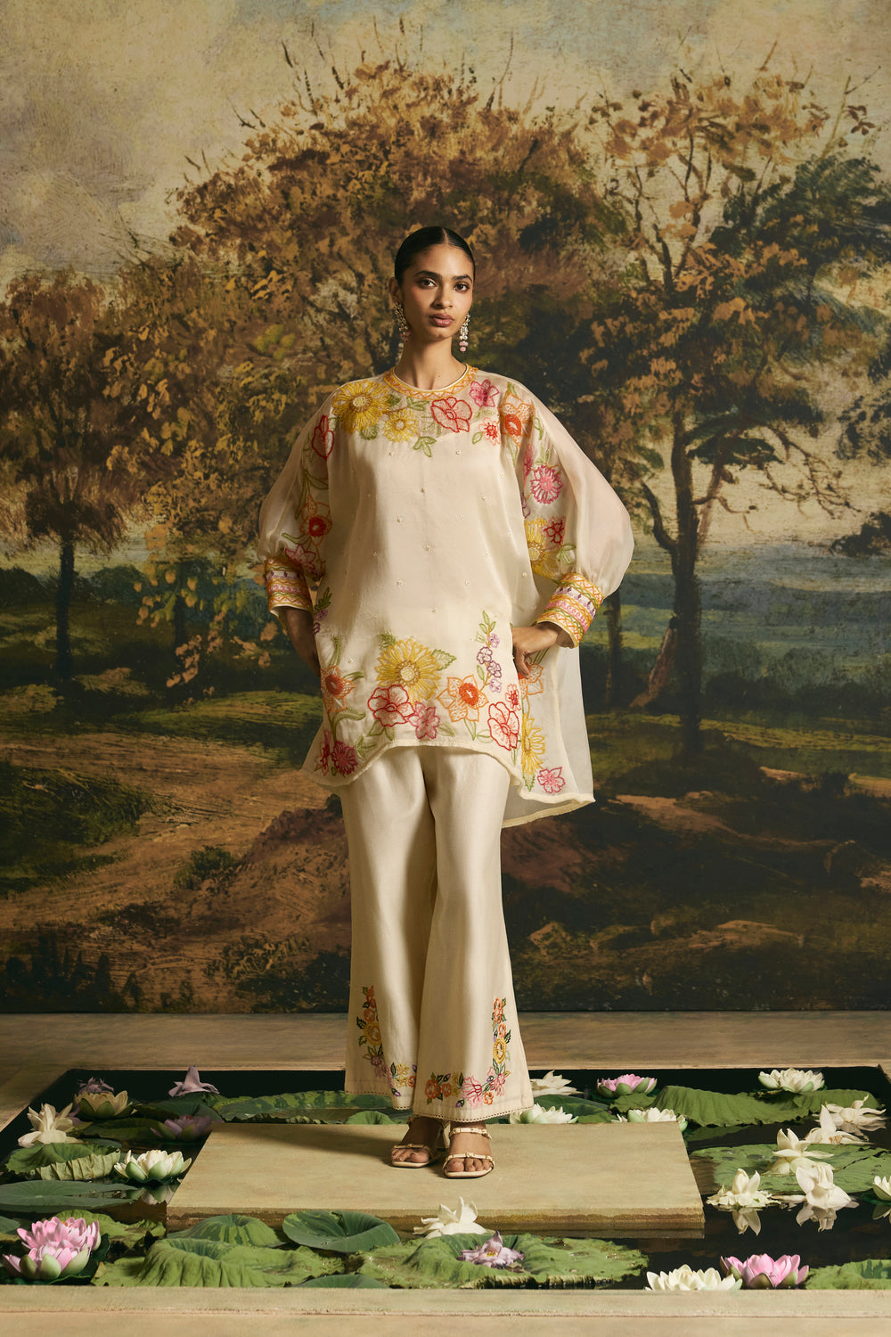 Ivory Floral Blossom Tunic With Cutwork Pants
