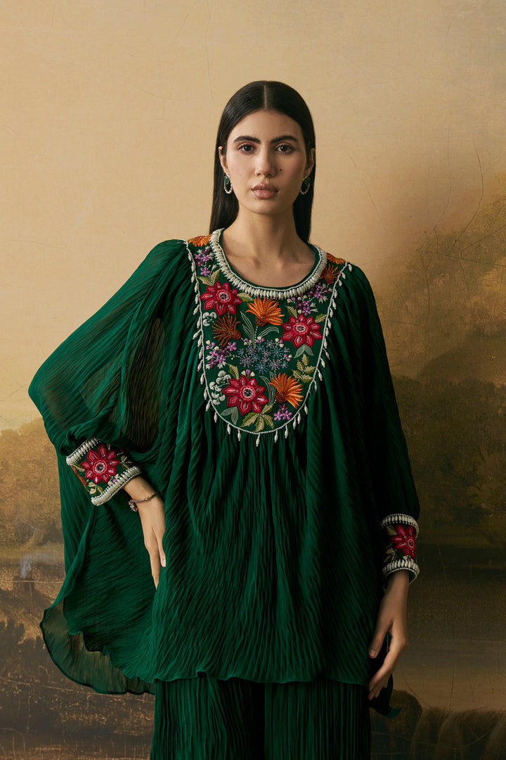 Emerald Green Floral Textured Kimono Tunic With Pants