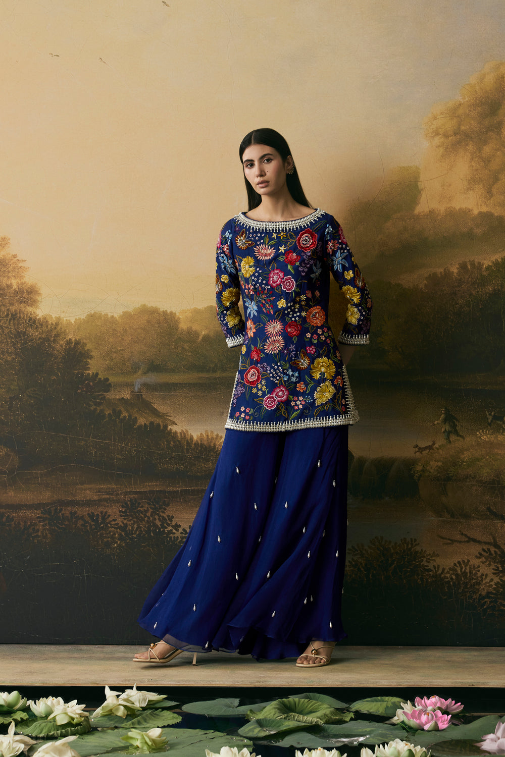 Cobalt Blue Floral Bloom Short Kurta With Sharara