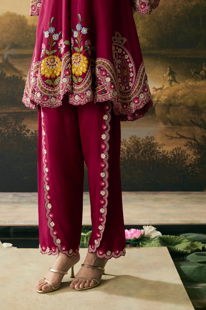 Cherry Red Contrast Cordwork Flared Short Kurta With Tulip Pants