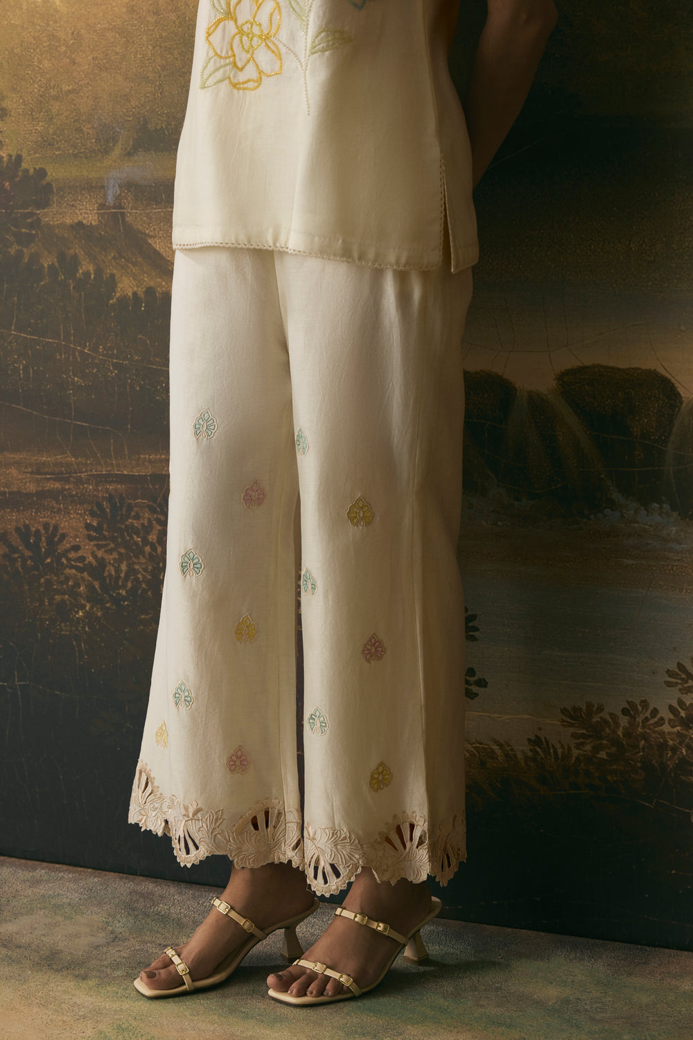 Ivory Cutwork Floral Straight Pants